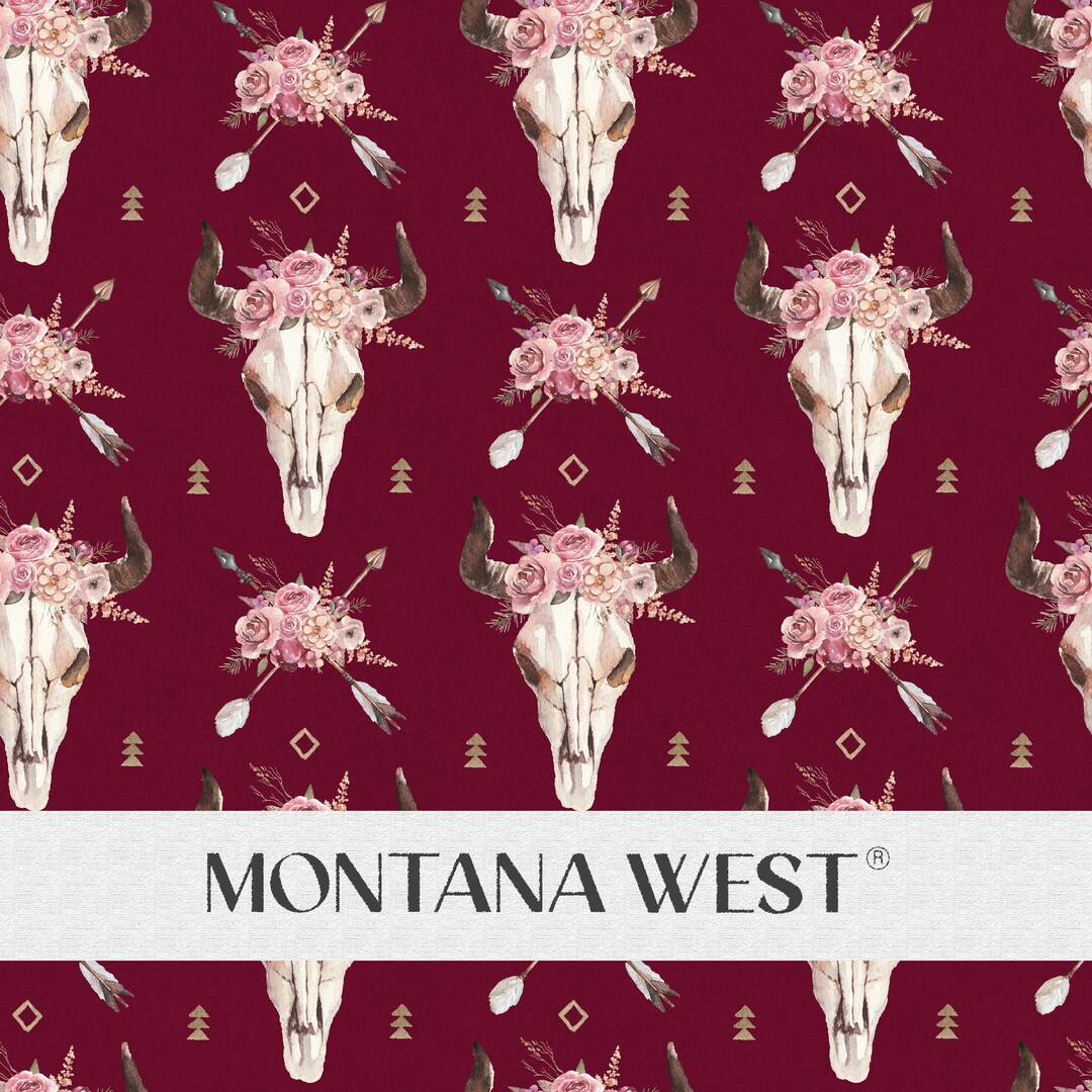 Bull Skull Seamless Pattern, Digital Hand-drawn Floral Bull Horns ...