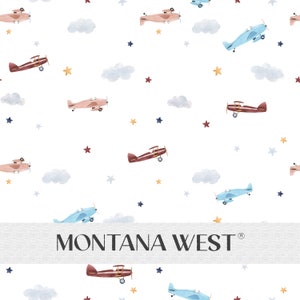 May include: A seamless pattern featuring watercolour illustrations of aeroplanes, clouds and stars. The aeroplanes are in shades of blue, pink and red. The clouds are white and the stars are in shades of blue, red and yellow. The pattern is on a white background. The text "MONTANA WEST" is in the centre of the image.