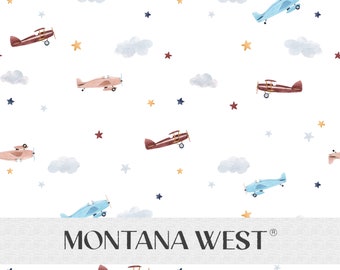 Cute Planes Starry Sky Seamless Pattern, Digital Watercolor Cute Airplanes Clouds Stars Seamless Pattern File for Commercial Use, Nursery