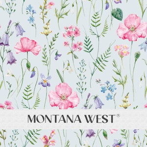 Wildflower Meadow Seamless Pattern, Digital Watercolor Pink Blue Purple Wildflower Seamless Pattern File for Commercial Use, Blue Background