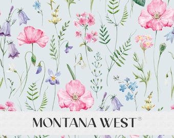 Wildflower Meadow Seamless Pattern, Digital Watercolor Pink Blue Purple Wildflower Seamless Pattern File for Commercial Use, Blue Background