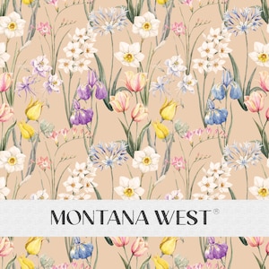 Gentle Flowers Seamless Pattern, Digital Watercolor Tulips Narcissus Freesia Iris Floral Seamless Pattern File for Commercial Use, Beige