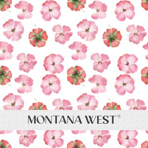 May include: A seamless pattern featuring pink and red watercolour flowers on a white background. The flowers are stylised and have a delicate, feminine feel. The text "MONTANA WEST" is printed in black at the bottom of the pattern.