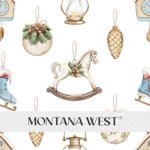 Vintage Style Christmas Seamless Pattern, Digital Watercolor Rocking Horse Pinecones Christmas Elements Seamless Pattern File Commercial Use