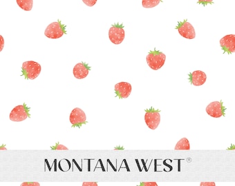 May include: A white background with a repeating pattern of red watercolour strawberries. The text "MONTANA WEST" is at the bottom of the image.