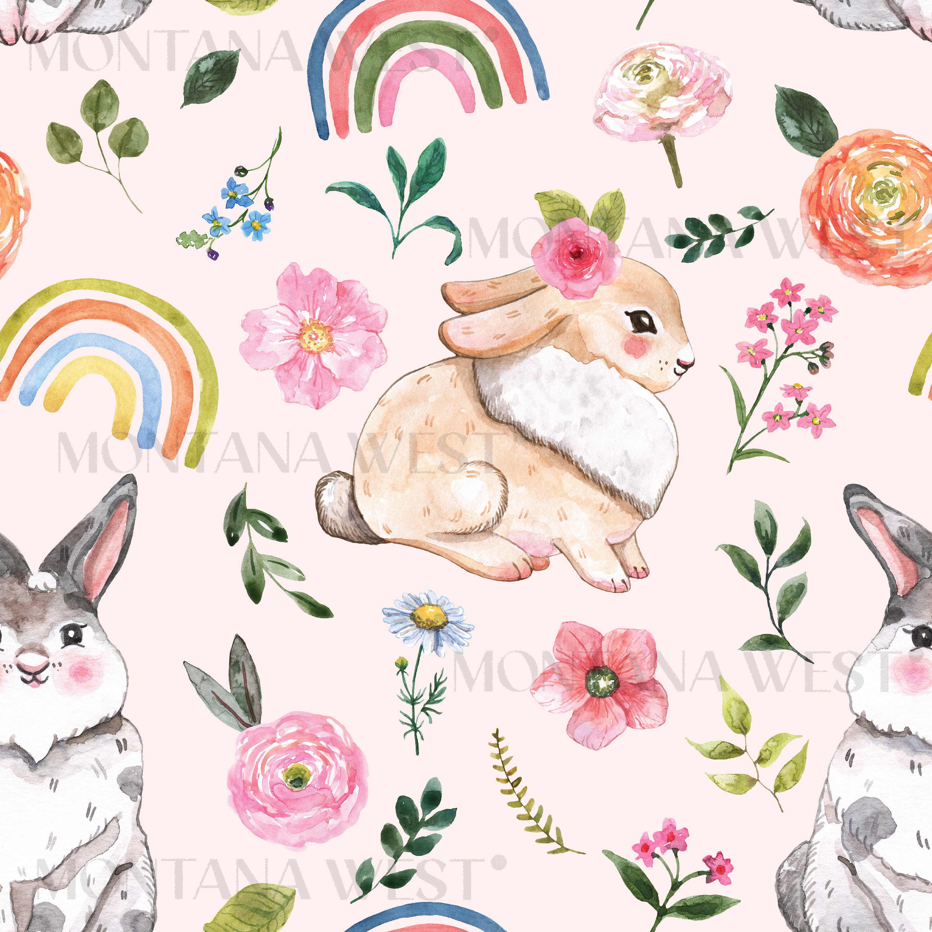 Cute Bunny Seamless Pattern, Digital Watercolor Bunny and Flowers ...