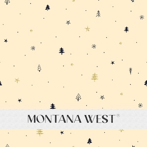 May include: A cream-coloured fabric with a repeating pattern of gold glitter stars, snowflakes, and pine trees. The fabric has the text "MONTANA WEST" in black lettering.