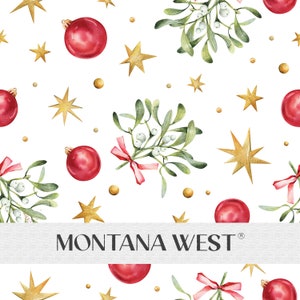 May include: A seamless pattern featuring red Christmas ornaments, gold stars, and sprigs of mistletoe with white berries and pink ribbons. The pattern is on a white background. The text "MONTANA WEST" is at the bottom of the image.