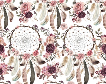 Peut inclure: Motif répété avec des capteurs de rêves à l'aquarelle, des roses et des plumes dans des tons bordeaux, rose blush et marron. Le motif comprend des arrangements floraux et des perles, sur fond blanc.