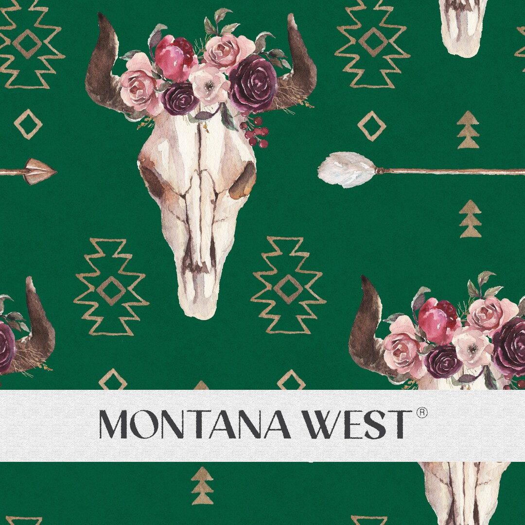 Floral Bull Skulls Seamless Pattern, Digital Watercolor Boho Bull ...