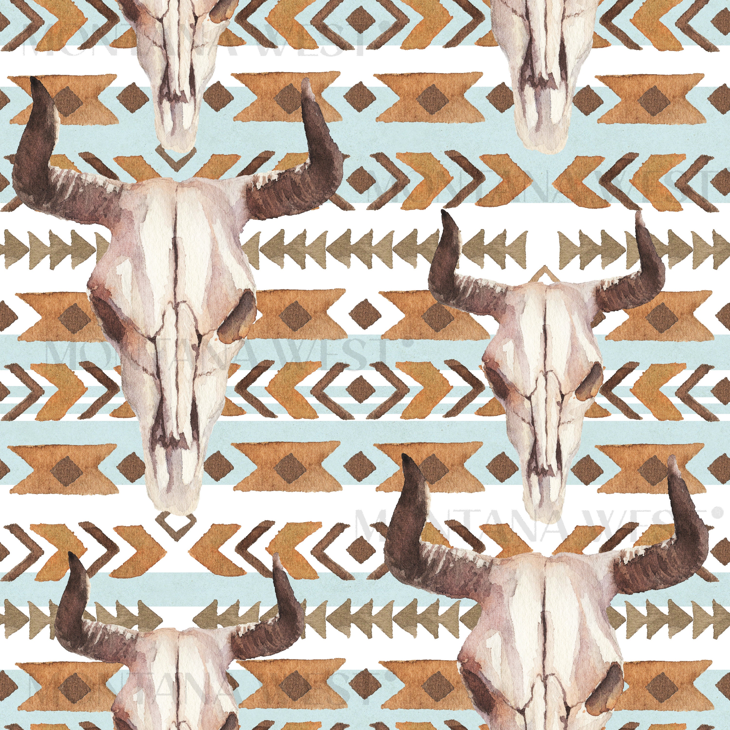 Bull Skull Seamless Pattern, Digital Watercolor Boho Bull Skull on ...
