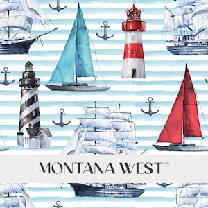 Nautical Ships Seamless Pattern, Digital Hand-Drawn Lighthouses Ships Sail Boats Anchors on Stripes Seamless Pattern File for Commercial Use
