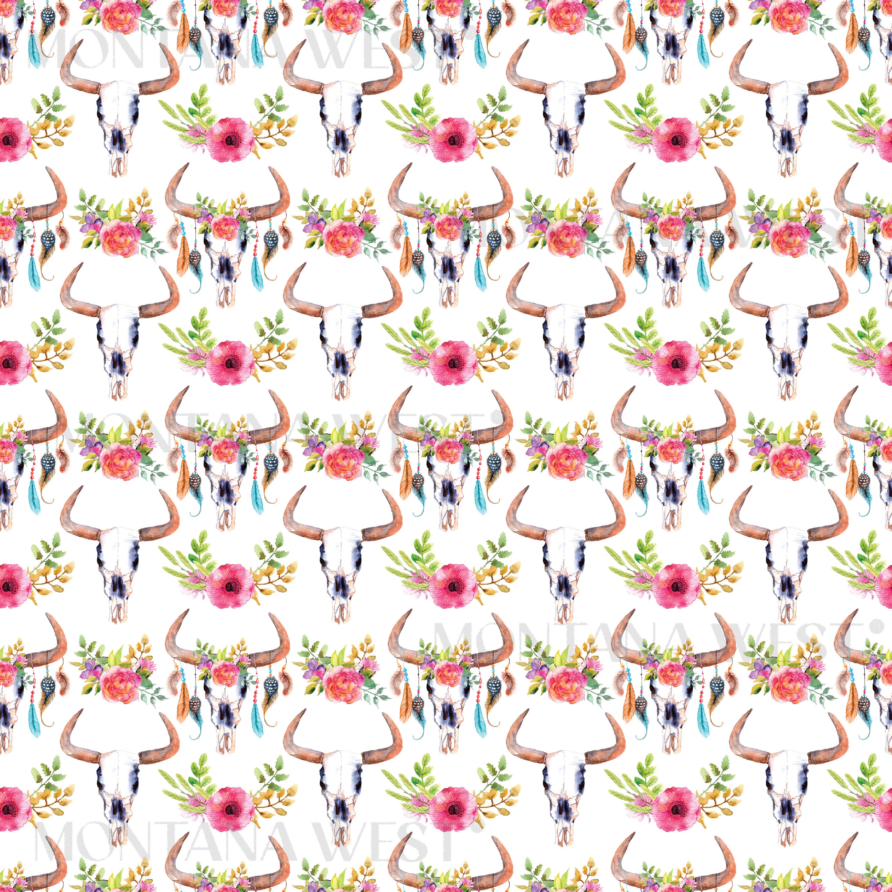 Bull Skull Seamless Pattern, Digital Watercolor Bull Skull With Flowers ...