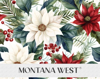 Poinsettia Flowers Seamless Pattern, Digital Watercolor Christmas White Red Poinsettia Seamless Pattern file for Commercial Use, Winter