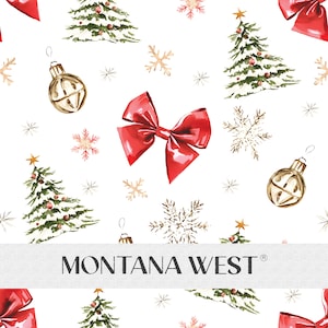 Cute Christmas Elements Seamless Pattern, Digital Watercolor Christmas Trees Red Bows Bells Snowflakes Seamless Pattern File Commercial Use