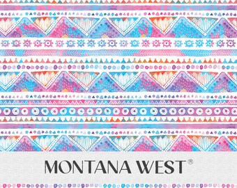 Bright Tribal Seamless Pattern, Digital Hand-drawn Pink Blue