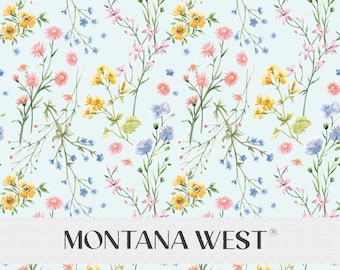 May include: A seamless pattern featuring a variety of watercolor flowers in shades of pink, yellow, and blue on a light blue background. The flowers are arranged in a random pattern and include small blue forget-me-nots, pink daisies, and yellow wildflowers. The text "MONTANA WEST" is displayed at the bottom of the image.