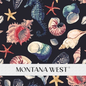 Marine Elements Seamless Pattern, Digital Watercolor Seashells Starfish Seahorse Beach Seamless Pattern File for Commercial Use, Dark