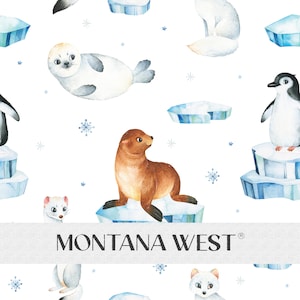 Cute Arctic Animals Seamless Pattern, Digital Watercolor Cute Arctic Animals Icebergs Snowflakes Seamless Pattern File for Commercial Use