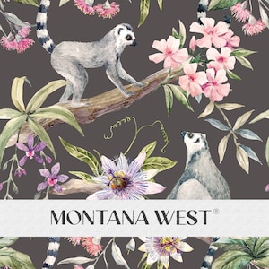 Floral Lemurs Seamless Pattern, Digital Watercolor Lemurs Flowers Seamless Pattern File for Commercial Use, Palm Leaves, Orchids, Oleander