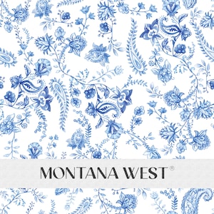 Botanical Indonesian Batik Seamless Pattern, Digital Watercolor Floral Blue Seamless Pattern File for Commercial Use, Textile Pattern