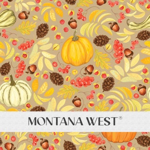 Autumn Fall Pumpkins Seamless Pattern, Digital Hand Drawn Pumpkins Berries Acorn Pine Cones Seamless Pattern File for Commercial Use
