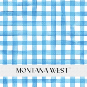 May include: A blue and white gingham pattern with the text "MONTANA WEST" in black lettering.