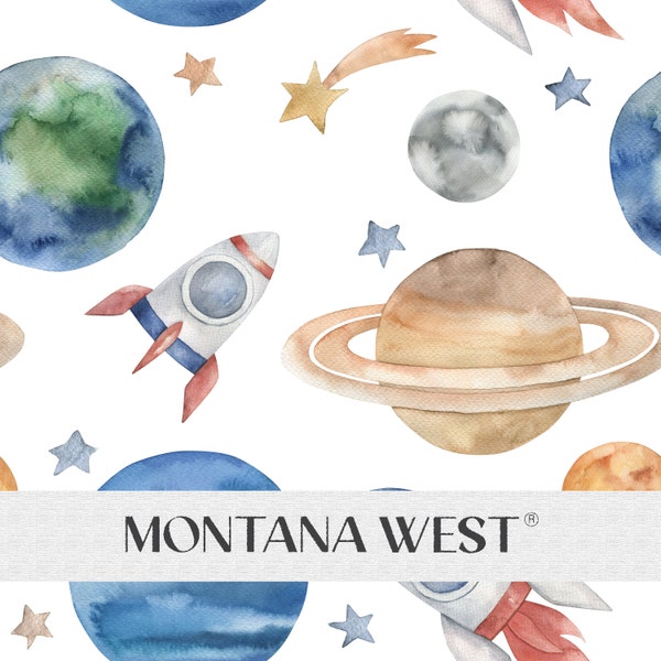 Watercolor Spaceship and Planets Seamless Pattern, Digital Watercolor Space White Background Seamless Pattern File for Commercial Use