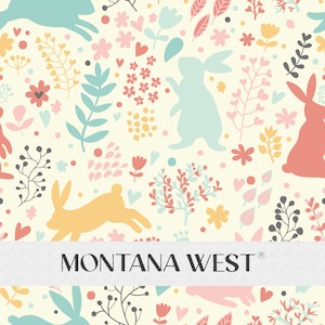 Może przedstawiać: Wzór bez szwów z pastelowymi królikami, kwiatami i liśćmi na kremowym tle. Wzór powtarza się na całym obrazie. Tekst "MONTANA WEST" jest widoczny u dołu obrazu.