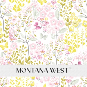 May include: A white background with a repeating pattern of pink and yellow flowers, green leaves, and butterflies. The text "MONTANA WEST" is at the bottom of the image.
