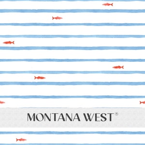 May include: A white and blue striped fabric with a repeating pattern of red fish. The fabric has the text "MONTANA WEST" in black.