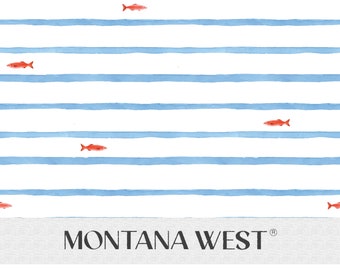 May include: A white and blue striped fabric with a repeating pattern of red fish. The fabric has the text "MONTANA WEST" in black.
