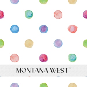 May include: A seamless pattern of colourful watercolour dots on a white background. The dots are in various shades of blue, green, red, purple, and yellow. The pattern is repeated throughout the image. The text "MONTANA WEST" is at the bottom of the image.