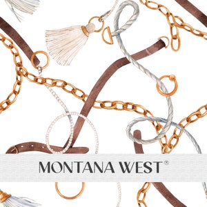 Puede incluir: Un patrón sin costuras con fondo blanco con cadenas doradas, cinturones de cuero marrón y borlas blancas. El patrón se repite en toda la imagen. El texto "MONTANA WEST" se muestra en el centro de la imagen.