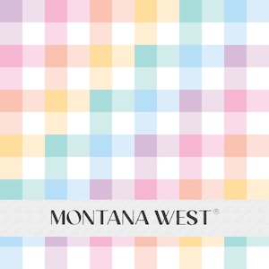 Puede incluir: Un patrón de cuadros pastel con cuadrados blancos y de colores alternados. Los colores son rosa claro, azul claro, verde claro, amarillo claro y morado claro. El patrón se repite en toda la imagen. El texto "MONTANA WEST®" está centrado en la parte inferior de la imagen.