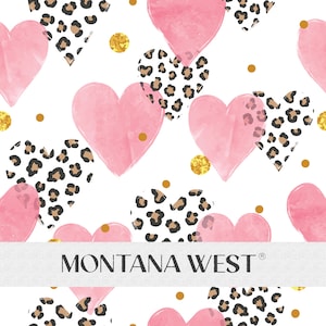 Leopard Pink Hearts Seamless Pattern, Digital Watercolor Leopard Pink Hearts Gold Circles Valentine Seamless Pattern File for Commercial Use
