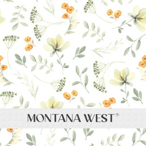 May include: A seamless pattern featuring watercolor illustrations of flowers and foliage in shades of yellow, orange, and green on a white background. The design includes delicate flowers, sprigs, and leaves. The text "MONTANA WEST" is at the bottom.