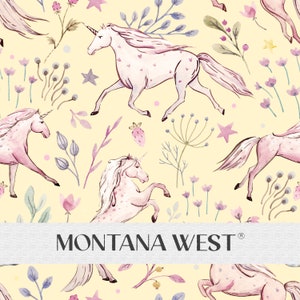 Floral Unicorns Seamless Pattern, Digital Watercolor Cute Magical Unicorns Flowers Stars Seamless Pattern File for Commercial Use, Yellow