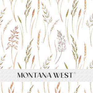 May include: A seamless pattern featuring watercolor illustrations of various types of grasses in shades of brown, green, and purple on a white background. The text "MONTANA WEST" is displayed on a gray textured background.