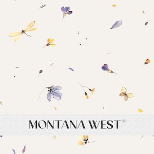 May include: A white background with a repeating pattern of watercolor illustrations of butterflies, dragonflies, and flowers in shades of blue, yellow, and purple. The text "MONTANA WEST" is centered at the bottom of the image.