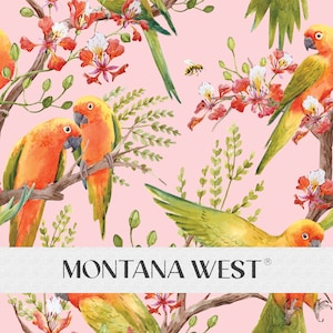 May include: A pink background with a repeating pattern of green and orange parrots, red and white flowers, and green leaves. The text "MONTANA WEST" is printed in white on a grey banner.