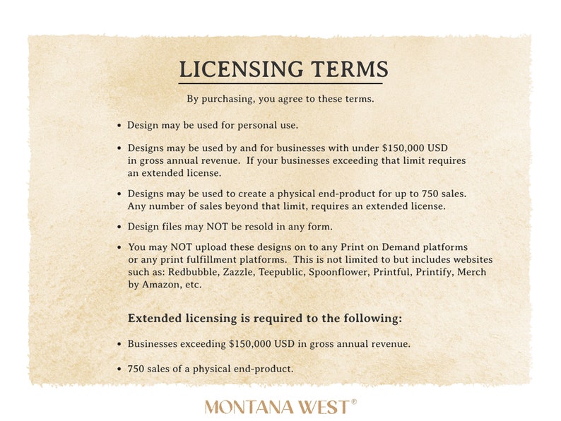 May include: Licensing terms for digital designs. Designs may be used for personal use, for businesses with under &pound;150,000 in gross annual revenue, or to create physical end-products for up to 750 sales. Extended licensing is required for businesses exceeding &pound;150,000 in gross annual revenue or for more than 750 sales of a physical end-product.