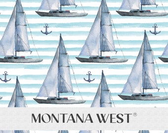 Nautical Ships Seamless Pattern, Digital Hand-Drawn Sailboats and Anchors on Blue Stripes Seamless Pattern File for Commercial Use