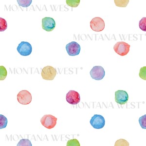 May include: A seamless pattern featuring colourful watercolour dots on a white background. The dots are in various shades of blue, green, red, purple, and yellow.