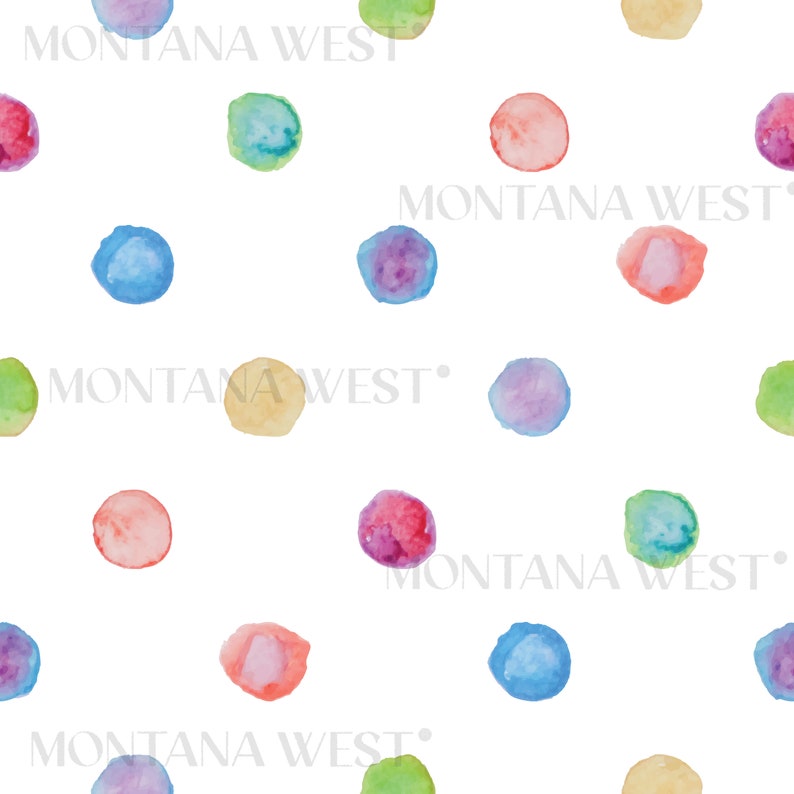 May include: A seamless pattern featuring colourful watercolour dots on a white background. The dots are in various shades of blue, green, red, purple, and yellow.