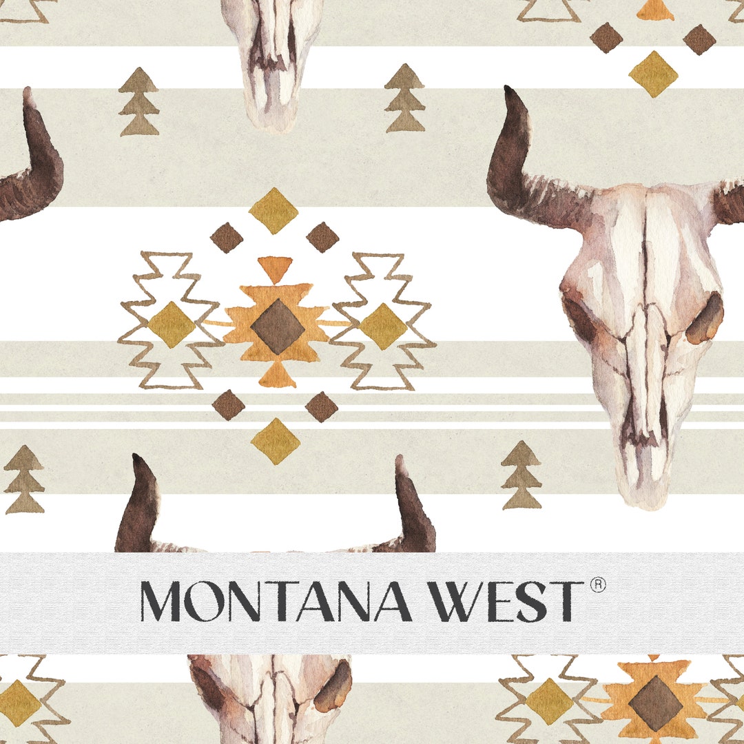 Boho Bull Skull Seamless Pattern, Digital Watercolor Ethnic Boho Bull ...