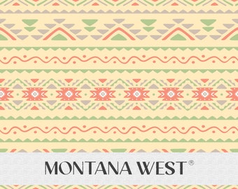 May include: A seamless pattern with a Southwestern design featuring a repeating pattern of geometric shapes in shades of red, green, and gray on a light yellow background. The text "MONTANA WEST" is displayed in black on a gray background.