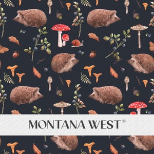 May include: A seamless pattern featuring watercolor illustrations of hedgehogs, mushrooms, and other forest elements on a dark blue background. The pattern includes the text "MONTANA WEST" in white.