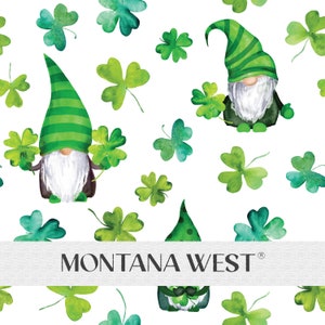 May include: A white background with a repeating pattern of green shamrocks and gnomes wearing green hats with white stripes. The text "MONTANA WEST" is in the centre of the image.