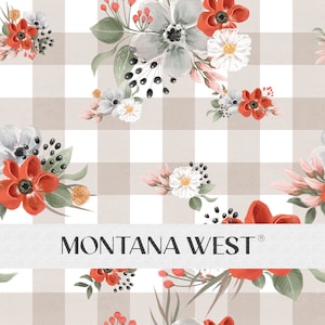 Beige and White Checker Gingham Floral Pattern, Watercolor Gingham Floral Pattern for Commercial Use, Digital Seamless Pattern